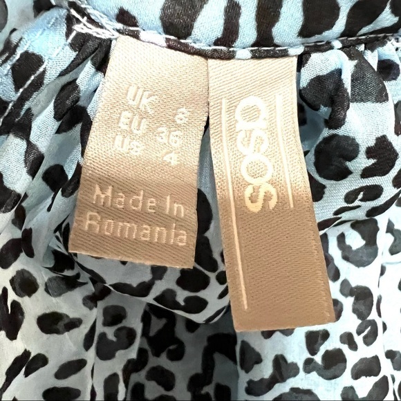ASOS Blue Animal Print Belted Puff Sleeve Sheer Blouse - Picture 13 of 13